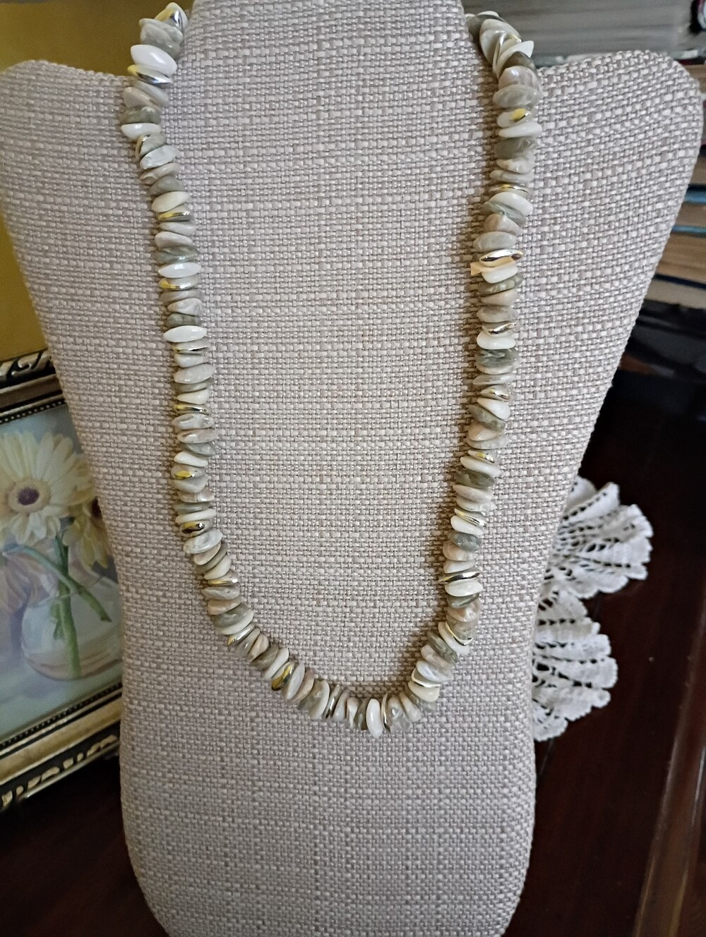 Neutral Shell Disc Necklace with Silver Accents, Approximately 22"